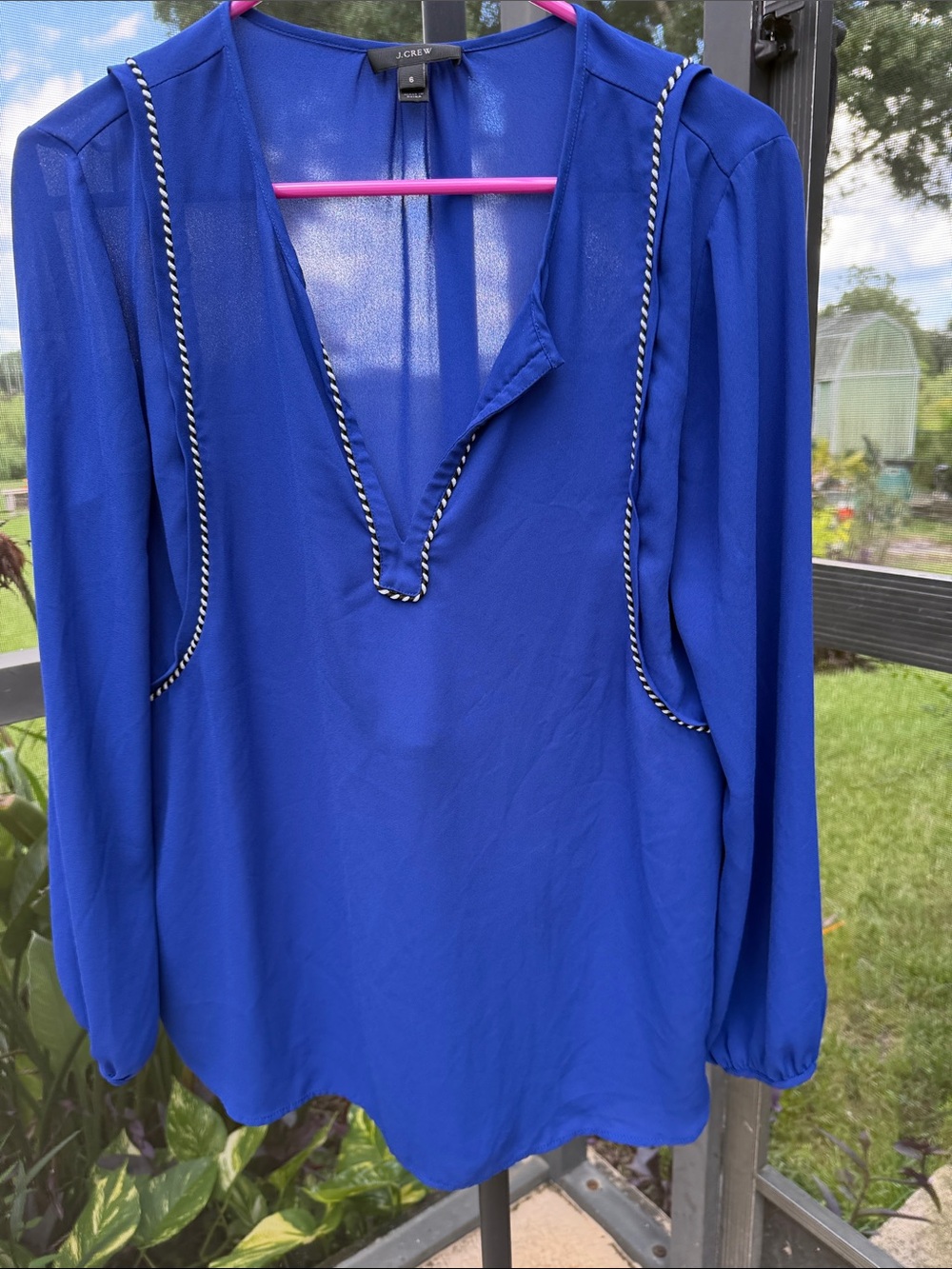 J. Crew Cobalt Blue V-Neck Blouse with Black-and-White Braid Trim